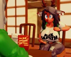 1boy 1boy1girl 1boy1girls 1girls asriel_dreemurr big_breasts big_penis breasts chair clothed deer deer_ears deer_girl deltarune deltarune_chapter_3 dess_holiday dess_holiday_(josugomezofficialnew) female goat josu_gomez josugomezofficialnew male pants penis sitting undertale