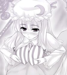 blush breast_grab breasts cum female hat long_hair male monochrome paizuri paizuri_over_clothes patchouli_knowledge penis straight touhou uni8