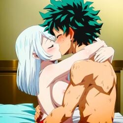 1boy1girl ai_generated anime anime_boy anime_style babe beautiful bed bed_covers bedroom breasts bruised crossover crossover_sex curvy_female dreson fairy_tail fantasy female freckles_on_face green_hair hands_around_neck hands_around_waist hands_on_another's_waist high_school_student hot hug indoors injured izuku_kiss_lisanna izuku_midoriya kissing lisanna_strauss love lovely magical_girl male my_hero_academia nai_diffusion nipples nude passionate_kiss sexy sitting_on_bed student white_hair_female witch wounds young_couple