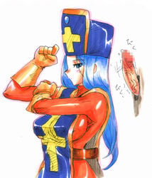 blue_hair blush bodysuit censored clothing dragon_quest dragon_quest_iii glory_hole gloves hat kikuta latex latex_gloves long_hair medium_breasts mitre penis priest_(dq3)