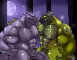2boys bara erect_penis erection gay looking_at_another monster monster_boy muscular muscular_anthro muscular_male penis raichir0o rubbing rubbing_penis veiny_penis xxxmochi_mochi