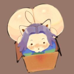 1:1 :3 anthro ass ass_up big_butt blush bottomless box clothed clothing container dot_eyes female grey_hair hair hi_res high-angle_view huge_butt offmoss1 simple_background simple_eyes solo tem temmie_(undertale) undertale undertale_(series) white_body
