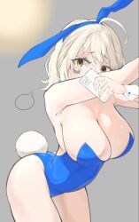 1girls blair_labri breasts bunny_ears bunny_girl bunny_tail bunnysuit female female_only glasses grey_background phone plain_background playboy_bunny short_hair yellow_eyes