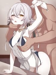 1boy absurdres apron atelier_(series) atelier_ryza atelier_ryza_3 bikini black_bikini black_hair blush breasts commentary_request commission crossed_bangs faceless faceless_male female grabbing_another's_breast groping highres holding holding_pastry_bag jewelry kala_ideas long_hair looking_at_viewer male medium_breasts milliani multicolored_hair muscular muscular_male necklace open_mouth paid_reward_available pastry_bag pixiv_commission sex sex_from_behind standing straight swimsuit variant_set white_apron white_hair yellow_eyes