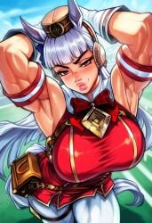 2025 absurd_res animal_humanoid armband athletic bag biceps big_breasts bow_accessory breasts clothed clothing cygames equid equid_humanoid equine equine_humanoid eyebrows eyelashes female flexing flexing_bicep gloves gold_ship_(pretty_derby) gold_ship_(umamusume) grey_hair grin hair half-closed_eyes hands_behind_head handwear hat headgear headwear hi_res high-angle_view humanoid lips long_hair looking_at_viewer mammal mammal_humanoid muscular muscular_female muscular_humanoid muscular_thighs narrowed_eyes outside pointy_ears prick_ears purple_eyes red_clothing reliusmax smile solo standing tail text uma_musume_pretty_derby umamusume umamusume_pretty_derby white_clothing white_gloves white_hair white_handwear