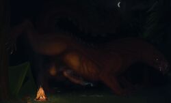 animal_genitalia balls bodily_fluids campfire canid canine_genitalia capcom claws corvidtree dim_lighting dragon dripping fanged_wyvern feral genital_fluids genitals glowing glowing_eyes hi_res hind_legs knot leaking_precum male male/male mammal monster monster_hunter musk musk_clouds mythological_creature mythological_scalie mythology night odogaron outside penis precum precum_drip presenting presenting_balls presenting_penis red_body scalie scary sheath smile smiling_at_viewer smirk smirking_at_viewer solo spikes tail teeth toe_claws tongue tongue_out