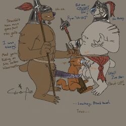 animal_genitalia armor badger bear big_penis bodily_fluids bondage bondage bottomwear bound bronzebadger brown_bear canid canine clothing cum cum_in_mouth cum_inside cum_on_penis dialogue drooling forced fox genital_fluids genitals grizzly_bear group hair headgear helmet loincloth low_res male male/male mammal melee_weapon muscular mustelid musteline neck_bulge onomatopoeia penis polar_bear polearm punishment saliva saliva_string scar size_difference slightly_chubby sound_effects spear tail text trio ursine weapon wet wet_penis