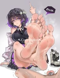 1boy 1girls balls barefoot black_hair boots chastity_cage cross_earrings eating feet feet_fetish female foot foot_fetish gradient_hair hair_behind_ear highres light-skinned_female light-skinned_male light_skin looking_at_viewer medium_hair middle_finger multicolored_hair original panties pantyshot purple_eyes purple_hair simple_background smell socks_removed soles steam streaked_hair sweat symbol-shaped_pupils testicles thick_thighs thighs toes two-tone_hair underwear unworn_boots unworn_shoes unworn_socks ved_(artist) woman