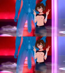 2_panels 3d big_cock blue_skinned_male brown_hair edit edited excited excited_female faceless_male female femc_(doki_doki_literature_club) gothic_clothes grabbing_hair high_ponytail koikatsu large_penis looking_at_penis looking_at_viewer male multiple_panels nervous nervous_female nervous_grin nervous_smile original_character peace_sign penis smile_for_the_camera sweating wide_eyed yellow_body