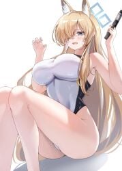 absurdres animal_ear_fluff animal_ears blonde_hair blue_archive blue_eyes blue_halo blush breasts commentary dog_ears dog_girl extra_ears female glock gun hair_over_one_eye halo handgun highleg highleg_one-piece_swimsuit highres holding holding_gun holding_weapon kanna_(blue_archive) kanna_(swimsuit)_(blue_archive) large_breasts long_hair looking_at_viewer official_alternate_costume one-piece_swimsuit public_peace_bureau_(blue_archive) simple_background sitting solo sweatdrop swimsuit thighs valkyrie_police_school_student weapon white_background white_one-piece_swimsuit yahan_(mctr5253)