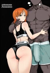 1boy 1girls abs ai_generated ass bare_arms bare_legs bare_shoulders bare_thighs big_ass big_breasts big_penis blush breasts bulge color coomersucc dark-skinned_male dark_skin female hi_res interracial large_breasts light-skinned_female light_skin male male/female muscles muscular muscular_male nami_(one_piece) netorare ntr one_piece orange_eyes orange_hair penis short_hair shounen_jump thick_thighs