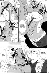 bleach blush breast_grab breasts cat_ears censored clitoral_stimulation clitoris dark-skinned_female dark_skin doujin doujinshi english_text fingering highres immature_blue interracial kisuke_urahara licking monochrome page_17 puffy_nipples pussy shihouin_yoruichi short_hair translated