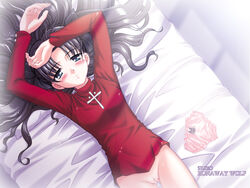 1girls 4:3 after_sex black_hair blue_eyes blush bottomless cum fate/stay_night fate_(series) female female_only human long_hair lying nakajima_akihiko no_panties panties solo sweat tohsaka_rin uncensored underwear