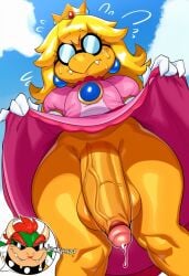 2025 absurd_res accessory ai_generated anthro balls big_penis blonde_hair blush bodily_fluids bottomwear bowser bracelet clothed clothing clothing_lift cloud collar crown digital_media_(artwork) dress dress_lift dripping duo embarrassed english_text fangs foreskin genital_fluids genitals girly glans gloves hair half-erect handwear hellsonger hi_res horn humanoid_genitalia humanoid_penis jewelry kamek low-angle_view male male_focus mammal mario_bros nintendo no_underwear penis pink_clothing precum precum_drip presenting_penis princess_peach red_hair rule_63 scalie shell smile solo_focus spiked_bracelet spiked_collar spikes standing sweat sweatdrop teeth text thick_thighs vein veiny_penis