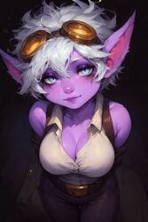 ai_generated big_breasts breasts cleavage curvy eyeshadow female goggles_on_head league_of_legends purple_skin seductive_eyes short_hair shortstack sleeveless_shirt tristana white_hair
