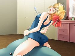 blonde_hair blush closed_eyes crotch_rub dolphin erect_nipples game_cg hair hair_ribbon hyuuga_yui ikeda_jun_(aquaqua) masturbation one-piece_swimsuit open_mouth orange_hair orgasm panties plushophilia pussy_juice ribbon school_swimsuit short_hair source_request straddle stuffed_animal stuffed_toy swimsuit teddy_bear tenjou-ura_kara_ai_wo_komete underwear wet_panties whistle