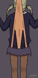 1girls blue_sweater bullying dandadan dark-skinned_female female muko_(dandadan) orange_panties plain_background ponytail ponytails purple_background purple_skirt self_upload skirt sweater tagme watermark wedgie wedgie_fetish wedgied_female