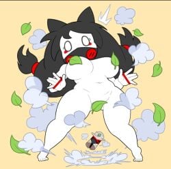 black_hair blush convenient_censoring embarrassed female female_only leaf mario_(series) minus8 ninji_(mario) nintendo nude_female shocked smoke tagme wardrobe_malfunction white_skin