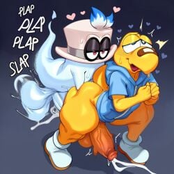 2025 absurd_res ai_generated anal anal_orgasm anal_sex anthro ass balls big_balls big_butt big_penis blue_eyes blush bodily_fluids bottomless cappy_(mario) clothed clothing cum cum_on_ground cum_while_penetrated cumshot duo ejaculation erection footwear genital_fluids genitals half-closed_eyes hands-free headgear headwear heart hellsonger hi_res hoodie huge_cock humanoid_genitalia humanoid_on_anthro humanoid_penis koopa koopa_troopa koops looking_pleasured male male/male male_penetrated male_penetrating male_penetrating_male mario_bros narrowed_eyes nintendo open_mouth orgasm orgasm_face paper_mario penetration penis sex shoes simple_background sweat text topwear