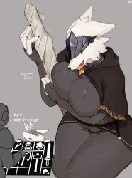 1girls 2025 4_fingers absurd_res anthro big_breasts biped blindfold blush bottomwear breasts buta99 canid canine canis claws clothed clothed_anthro clothed_female clothed_human clothing digital_drawing_(artwork) digital_media_(artwork) domestic_dog duo english_text female finger_claws fingers front_view fully_clothed fully_clothed_anthro fully_clothed_female fully_clothed_human fur grey_background hair human mammal open_mouth simple_background sitting teeth text tongue topwear white_body white_fur white_hair