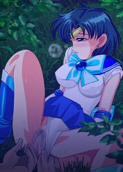 ami_mizuno bishoujo_senshi_sailor_moon blue_eyes blue_hair blush boots bow censored clothing earrings elbow_gloves female fingering gloves human jewelry magical_girl medium_breasts panties panties_aside pirochi pubic_hair pussy sailor_mercury school_uniform short_hair skirt solo spread_legs tiara underwear