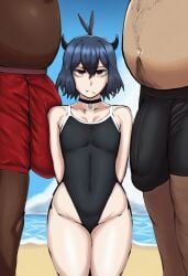 1girls 2boys ai_generated annoyed bathing_suit beach black_clover black_hair bulge bulge_through_clothing fat_male female huge_cock imminent_rape male massive_penis overweight_male penis petite red_eyes secre_swallowtail size_difference swimsuit swimwear uncomfortable uninterested