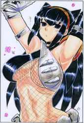 animal_ears armpits black_hair breasts capcom cleavage color female female_only fishnets headband kikuta large_breasts monster_hunter nargacuga_(armor) open_eyes open_mouth pointy_chin solo standing white_background