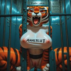 ahe_gao ai_generated anthro_female breasts female furry_female huge_breasts jail kung_fu_panda legs_spread pussy t-shirt tigress tigress_(kung_fu_panda) tongue_out wet