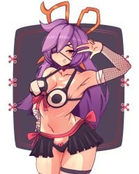 1girls absurdres armpits arms_up bandaged_arm bandages bikini breasts broken_heart choker commission commissioner_upload eyepatch female fishnet_gloves fishnets garter_belt gloves heart highres long_hair looking_at_viewer maimz_opa medium_breasts mercy_modiste navel purple_hair red_eyes ribbon scissors_hair_ornament showgirl_skirt simple_background skindentation skirt solo swimsuit symbol-shaped_pupils tongue tongue_out v vallure vallure_gen_1:indulge virtual_youtuber