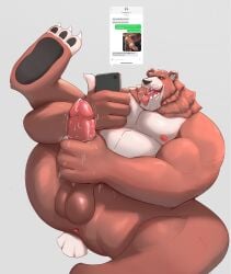 3_toes 4_fingers ambiguous_species anthro anthro_on_anthro anus arm_around_leg ass backsack balls ballsack bara bear biceps big_balls big_muscles big_penis biped black_nose black_pawpads blush bodily_fluids brown_body brown_fur butt_close-up cellphone character_name claws close-up countershade_butt countershade_face countershade_fur countershade_tail countershade_torso countershading dialogue digital_media_(artwork) dullaram electronics emoji english_text erection eyebrows faceless_anthro faceless_character faceless_male feet finger_claws fingerless_(marking) fingers fur genital_close-up genital_fluids genitals glans grey_background hand_on_own_penis hand_on_penis hi_res holding_cellphone holding_object holding_phone holding_smartphone humanoid_genitalia humanoid_hands humanoid_penis looking_at_cellphone looking_at_object looking_at_phone male male/male male_anthro mammal manly masturbation motion_lines multicolored_body multicolored_fur musclegut muscles muscular muscular_anthro muscular_male nipples nude nude_anthro nude_male open_mouth open_smile pawpads pecs penile penile_masturbation penis penis_close-up perineum phone pink_glans pink_nipples pink_penis pink_tongue plantigrade precum presenting presenting_hindquarters profanity raised_leg sending_nudes sexting shaded sharp_teeth short_tail simple_background sitting smartphone smile solo tail tan_balls tan_body tan_countershading tan_fur teeth text texting thick_arms thick_thighs toe_claws toeless_(marking) toes tongue tongue_out two_tone_body two_tone_fur user_interface whisker_spots white_body white_claws white_countershading white_eyebrows white_finger_claws white_fur white_inner_ear white_tail white_toe_claws yaoi