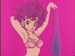 1980s_(style) afro armpits bra breasts cg cleavage curly_hair dragon_ball female lingerie makeup medium_breasts pink_background pink_bra purple_eyes purple_hair ranfan retro_artstyle screenshot short_hair simple_background smile solo underwear upper_body