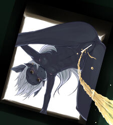 aaru_(tenrake_chaya) anus bat_wings black_skin blush censored dark_elf dark_skin drow earrings elf flat_chest from_below head_wings highres jewelry long_hair monster_girl nipples nude original peeing peeing_on_viewer pointy_ears pussy spread_legs white_hair wings yellow_eyes