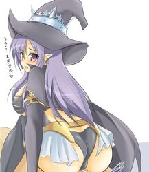 breasts clothing fatima hat jpeg_artifacts long_hair luminous_arc luminous_arc_2 momio pointy_ears purple_eyes purple_hair sitting stockings sweat thighhighs translation_request witch_hat