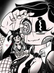 animate_inanimate anthro bedroom_eyes black_hair bodily_fluids breasts button_(fastener) button_eyes cleavage clothed clothing doll dripping duo female fishnet_clothing forced hair heart_eyes heart_symbol hi_res humanoid ink inkdoll lagomorph legwear leporid living_puppet long_ears mammal marionette narrowed_eyes necktie pasties paws ponytail powerless puppet rabbit scut_tail seductive short_tail size_difference string sweat tail thong tights torn_clothing torn_legwear underwear