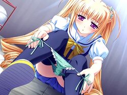 blonde_hair blush drill_hair dutch_angle ero_smash game_cg green_panties no_pussy novagina panties panty_pull pointy_chin purple_eyes school_uniform side-tie_panties sitting spread_legs thighhighs tied_hair twintails underwear upskirt