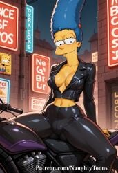 ai_generated breasts leather_clothing leather_jacket marge_simpson motorcycle sexy sexy_pose simpsons thong