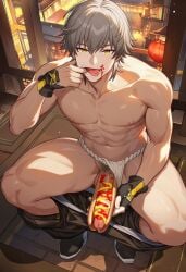 abs ai_generated almost_naked balls biceps breasts caelus_(honkai:_star_rail) erection festival food_play fundoshi gay gloves honkai:_star_rail honkai_(series) hot_dog hot_dog_bun hoyoverse male male_boobs male_focus male_only mihoyo mouth muscular muscular_male nipples open_mouth pecs pectorals penis penis_hot_dog pubic_hair spread_legs squatting stellaronguy sweat testicles thick_thighs tongue_out trailblazer_(honkai:_star_rail) underwear underwear_aside