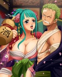 1boy1girl aqua_hair female green_hair kozuki_hiyori male one_piece rakkarts roronoa_zoro