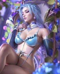 1girls 3d 3d_render bare_shoulders bikini blue_eyes blue_hair closed_eyes closed_mouth clothing crossed_legs crystal_rose_kai'sa crystal_rose_series detached_sleeves earrings female female_only frilled_bikini hair_ornament jewelry kai'sa league_of_legends legs legs_crossed light-skinned_female light_skin long_hair makeup pinup sevenbees solo solo_female strap_bikini swimsuit