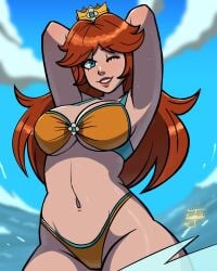 beach big_breasts bikini bikini_bottom bikini_top blue_eyes breasts brown_hair female hand_on_head huge_breasts jayladair light_skin looking_at_viewer mario_(series) mario_kart mario_kart_world navel princess_daisy princess_daisy_(swimwear) sideboob sonicguru standing swimsuit thick_thighs thighs water wide_hips
