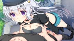 1boy arrow_hair_ornament belt black_belt black_choker black_hat black_shirt black_shoes black_socks blue_shorts blush breasts censored chains choker cleavage closed_mouth collarbone commentary day deep_skin detached_sleeves dutch_angle erection eyes_visible_through_hair female fingernails foreshortening full_body fuyuichi_monme game_cg grabbing_another's_breast grey_hair groping hair_between_eyes hair_ornament hair_over_shoulder handjob hat highres kneehighs large_breasts long_hair looking_at_another looking_at_viewer loose_socks male mosaic_censoring o-ring o-ring_top official_art outdoors pov pov_crotch pov_hands promotional_art public_indecency purple_eyes raised_eyebrows ren'ai_hajimemashite shadow shirt shoes short_sleeves shorts smile socks solo_focus split_mouth standing star_(symbol) star_hair_ornament straight tenshi-chan_(ren'ai_hajimemashite) two_side_up very_long_hair