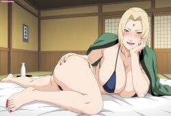 1girls ai_generated alcohol alternate_costume alternate_hairstyle arm_support armpits arms_behind_back artist_name barefoot big_breasts bikini blonde_hair breasts brown_eyes cleavage coat commentary drunk english_commentary facial_mark feet female forehead_mark futon haori head_rest highres indoors japanese_house large_breasts lips long_hair lying_on_bed lying_on_side nail_polish naruto naruto_(series) naruto_shippuden naughty naughty_face naughty_smile navel open_mouth patreon_username pink_lips ponytail sake sake_bottle side-tie_bikini solo stomach swimsuit teasing teasing_viewer tsunade url vizagege voluptuous voluptuous_female watermark web_address