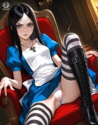 1girls ai_generated alice_(madness_returns) alice_madness_returns boots cameltoe dress dress_lift dutch_angle frown knee_boots knee_up on_chair panties parted_lips seacreator serious serious_look sitting sitting_on_chair solo stockings thighhighs underwear