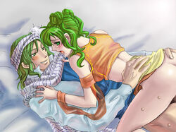 aozora_kyuuji armband ass ass_grab bed blush bottomless clothed_sex cowgirl_position crop_top female fire_emblem fire_emblem:_genealogy_of_the_holy_war green_eyes green_hair hand_on_another's_back hand_on_back hands_on_another's_shoulders hands_on_shoulders headband implied_penetration lewyn_(fire_emblem) lying male no_panties on_back open_mouth pillow scarf sex shirt silvia_(fire_emblem) skirt skirt_lift smile source_not_archived straddle straight striped striped_scarf sweat tears wristband