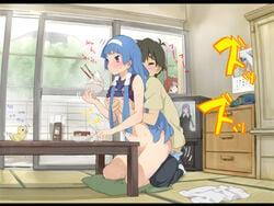 1boy 3girls aoba_tsugumi blue_hair blush bottomless breast_grab breasts casual clothed_sex clothing eating female female_focus flat_chest hair_tubes hairband human kannagi kneeling long_hair male mikuriya_jin multiple_girls multitasking nagi neemui no_panties rubber_duck sex shirt_lift straight tan_penis tan_skin voyeur voyeurism zange zzz