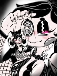animate_inanimate anthro bedroom_eyes black_hair bodily_fluids breasts button_(fastener) button_eyes cleavage clothed clothing doll duo female fishnet_clothing forced glistening glistening_body hair heart_eyes heart_symbol hi_res humanoid ink inkdoll lagomorph legwear leporid living_puppet long_ears mammal marionette narrowed_eyes necktie pasties paws ponytail powerless puppet rabbit scut_tail seductive short_tail size_difference string tail thong tights torn_clothing torn_legwear underwear