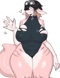 anthro big_breasts breasts camel_toe clothing ear_piercing ear_ring eyewear female fish gesture goggles hair half-length_portrait hi_res jewelry leotard looking_at_viewer marine multicolored_body nipple_outline pendant piercing pink_body pink_hair portrait ring_piercing roberta_(driz) shark shark_tail solo solo_focus tail thick_thighs tozamtr two_tone_body wardrobe_malfunction waving waving_at_viewer