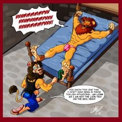 2018 4_fingers 4_toes abs anthro ass ball_gag balls_outline bed black_clothing black_mane black_shirt black_tail_tuft black_tank_top black_topwear blue_bottomwear blue_clothing blue_pants bondage bondage bottomwear bound brown_mane brown_nose bulge closed_eyes clothed clothed_anthro clothed_male clothing detailed_bulge dialogue duo featureless_chest feet felid fingers footwear fur furniture gag gagged geargades genital_outline green_eyes green_loose_feather hi_res holding_feather holding_object kneeling laugh leon_(geargades) lion looking_at_viewer looking_back looking_back_at_viewer loose_feather lying lying_on_bed male mammal mane motion_lines muscular muscular_anthro muscular_male on_back on_bed on_one_knee pantherine pants penis_outline pink_clothing pink_thong pink_underwear restraints rope rope_bondage sandals shirt shoes smile speech_bubble tail tail_tuft talking_to_viewer tank_top teeth thong thong_only tickle_fetish tickle_torture tickling tickling_feet toes topless topwear tuft underwear underwear_only whiskers yellow_body yellow_fur