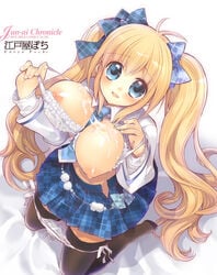 1girls blonde_hair blue_eyes bra breasts cum cum_on_body cum_on_breasts cum_on_upper_body edoya_pochi female from_above hair_ribbon large_breasts lingerie long_hair necktie nipples original panties panty_pull plaid puffy_nipples ribbon school_uniform shirt_lift side-tie_panties solo straight_hair tartan thighhighs tied_hair twintails underwear very_long_hair