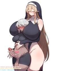 1futa 1girls balls bare_shoulders between_breasts black_dress black_shirt black_shorts black_sleeves blonde_hair blush breasts bright_pupils censored closed_eyes closed_mouth commentary_request cropped_shirt dark_elf detached_sleeves double-parted_bangs dress elf erection female futa_with_female futanari hair_between_eyes hand_on_another's_stomach handjob head_between_breasts heart heart_tattoo highres huge_breasts intersex large_breasts large_penis large_testicles long_hair looking_down mosaic_censoring multiple_girls nun original penis pointy_ears pubic_tattoo reach-around red_eyes rikuguma shirt shorts simple_background smile tattoo testicles white_background white_hair white_pupils